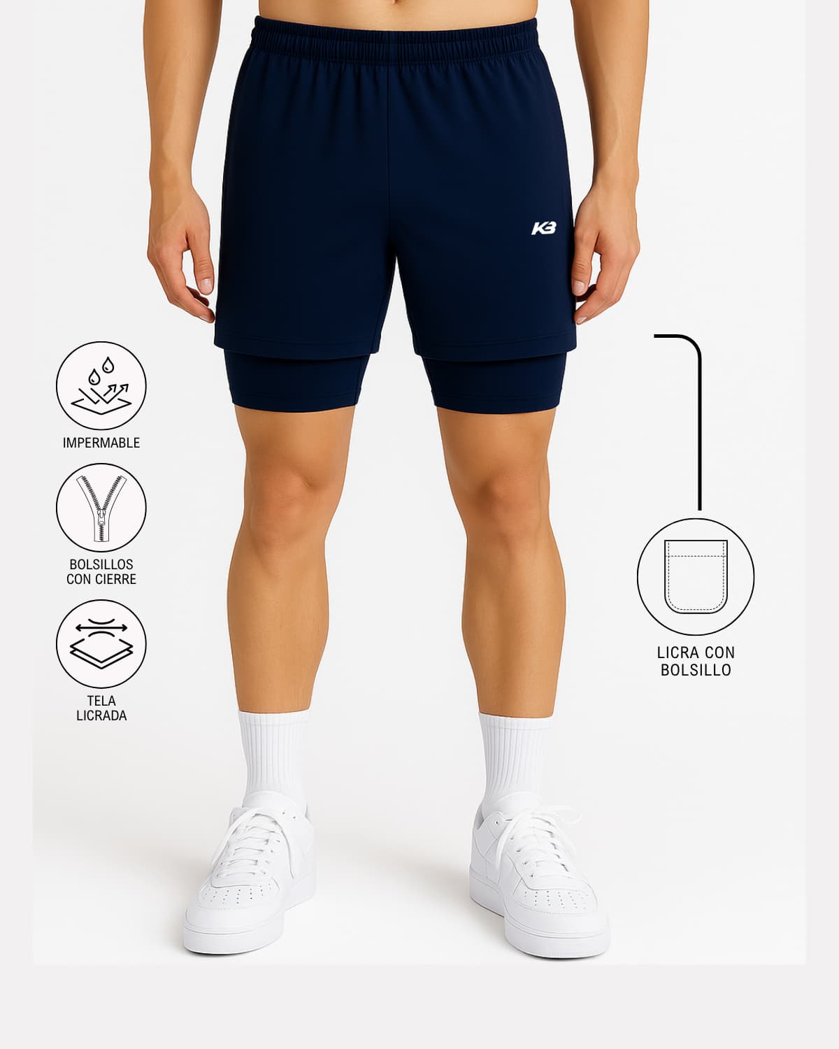 Pantaloneta con licra, bolsillo interno y bolsillos en cierre | KBMEN RF.331