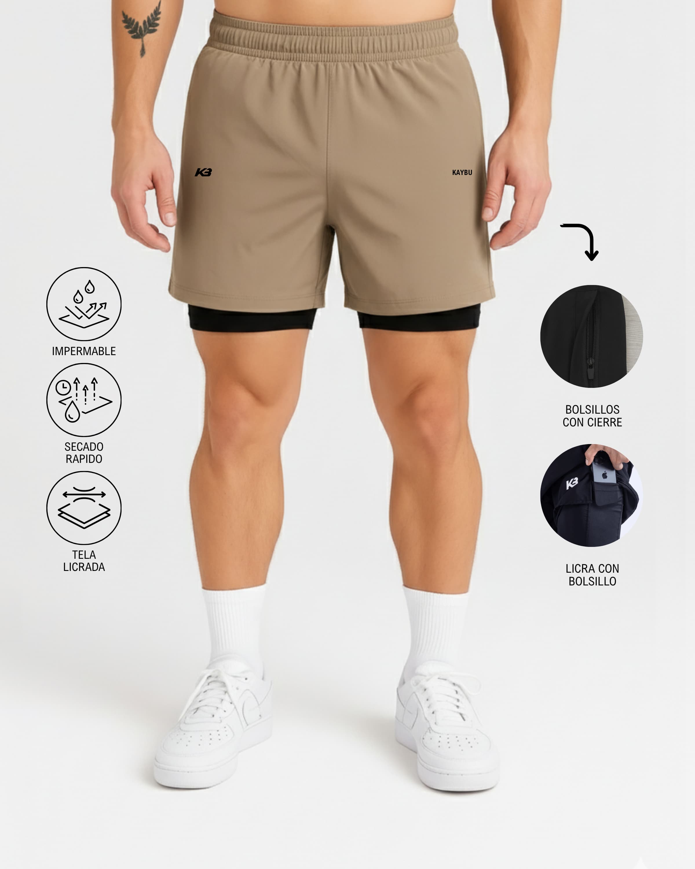 Pantaloneta con licra y bolsillos con cierre┃KBMEN RF.206