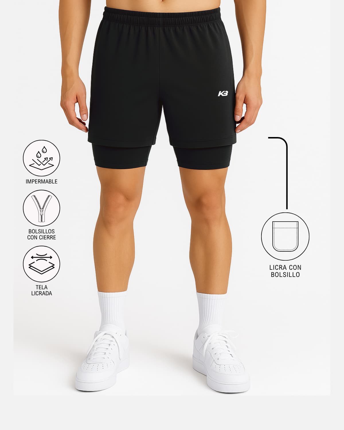 Pantaloneta con licra, bolsillo  interno y bolsillos en cierre | KBMEN RF.331