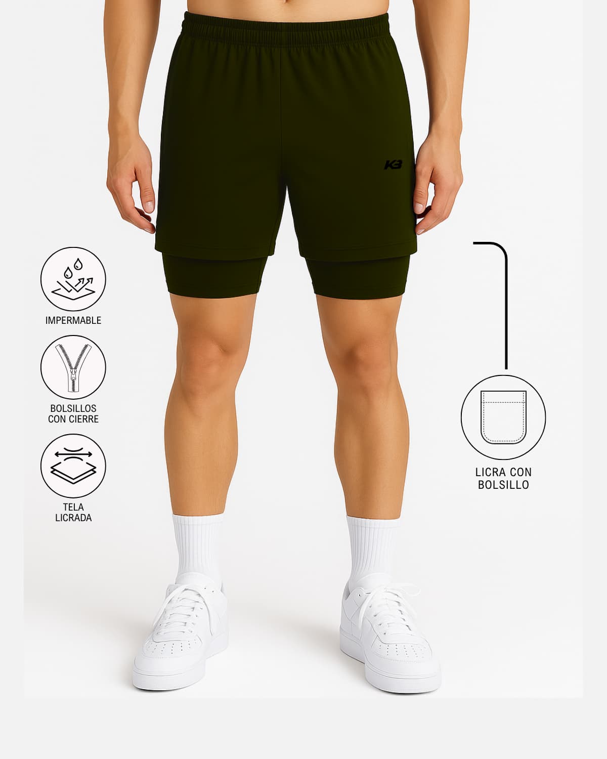 Pantaloneta con licra, bolsillo  interno y bolsillos en cierre | KBMEN RF.331